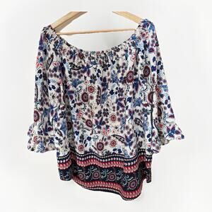 Q&A Top Women's 2X Blue Red Floral Off The Shoulder Boho Plus Size Peasant Chic